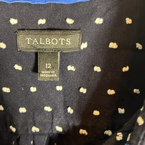 Talbots size 12 navy cotton shirt with white polka dots - Picture 2 of 2